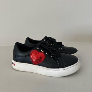 Love Moschino leather lace up sneakers with sequin hearts. Size 37. EUC.
